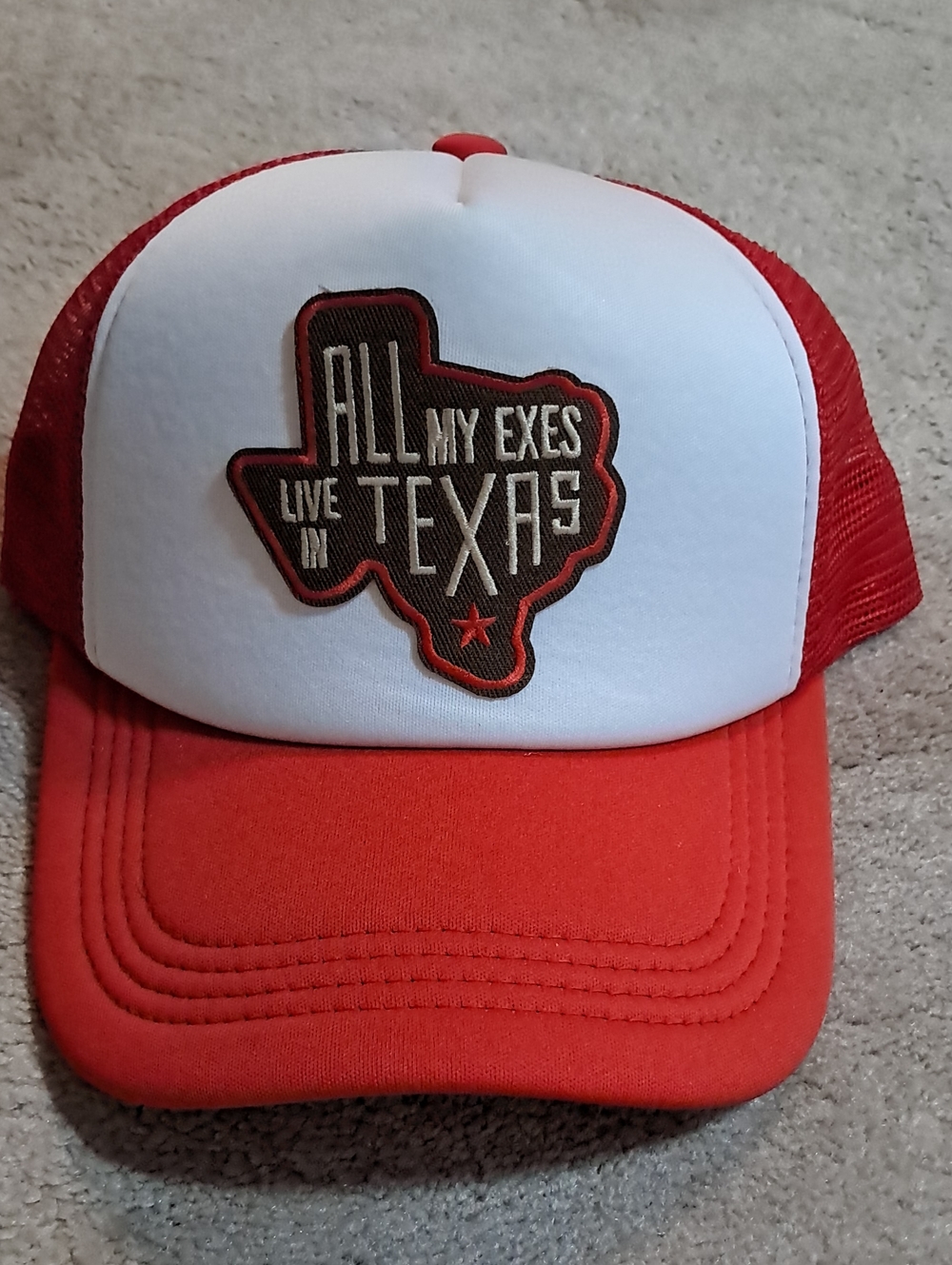 Red and White 'All My Exes Live in Texas' Trucker Hat